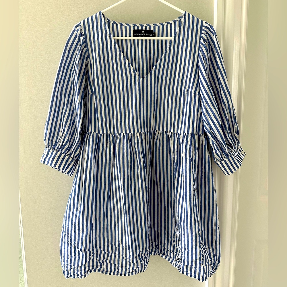 Pomander Place (Tuckernuck) size medium, blue and white striped dress, EUC